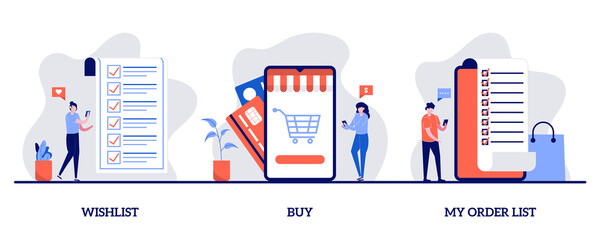 Poster - wishlist, buy, my orders list concept with tiny character and e-commerce cliparts. internet store we