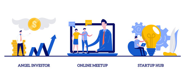 Poster - angel investor, online meetup, startup hub concept with tiny character. business startup and communi