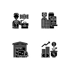 Sticker - Commercial business black glyph icons set on white space. Trading and financial services. Businessman, legal entity, warehouse and profit growth silhouette symbols. Vector isolated illustration