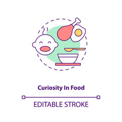 Curiosity in food concept icon. Introducing baby food requirements. Different foods to eat. Getting more healthy idea thin line illustration. Vector isolated outline RGB color drawing. Editable stroke