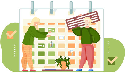 Fototapete - Guy is holding a sign with inscriptions on it. Girl is pointsing to a candy on the schedule. Couple are communicating at home. Daily routine planning. Timetable or a calendar on the background