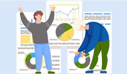 Fototapete - The girl leans over and points to the pie chart. The guy happily raises his hands. Data analysis concept. Statistical chart in background. Couple communicates and works in management together