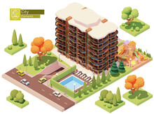Vector Isometric Buildings And Street Elements Set. Houses, Homes And Offices. High-rise Buildings, Trees, Cars And People. Isometric City Or Town Map Construction Elements
