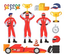 Race Driver Set, Flat Vector Isolated Illustration. Car Driver, Racer Wearing Costume. Racing Gear And Equipment. Suit, Helmet, Cap, Medal, Trophy Cup, Podium, Stopwatch, Sport Car And Wheels.