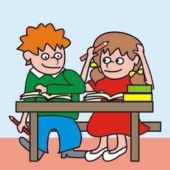 Wall Mural - School children, boy and girl in classroom, vector humorous illustration