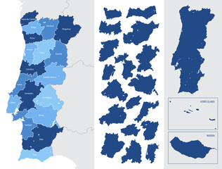 Wall Mural - Detailed blue map of Portugal with administrative divisions, major cities on a white background, vector illustration