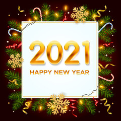 Wall Mural - New Year 2021 background with pine branches, golden snowflakes, shining garlands, candy canes and tinsel. Template for Christmas and New Year poster, postcard, banner for winter and new year holidays