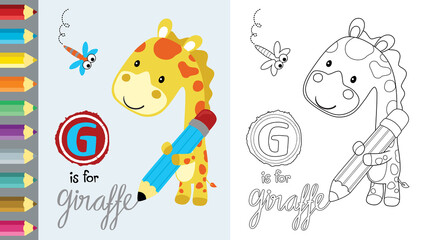 Wall Mural - Cartoon of giraffe write with big pencil, coloring book or page