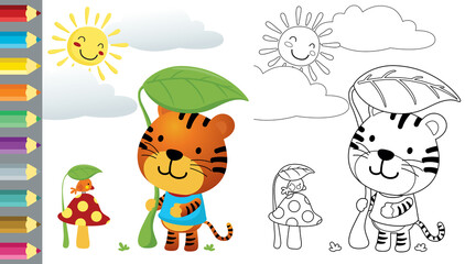 Sticker - Cartoon of funny tiger and little bird hiding from blazing sun using leaf, coloring book or page