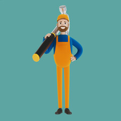 Master for an hour with a hammer. Builder. 3D illustration in cartoon style.