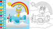 coloring page or book with cartoon of giraffe ride on plane on rainbow background