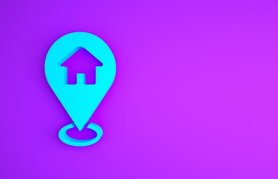 Blue Map pointer with house icon isolated on purple background. Home location marker symbol. Minimalism concept. 3d illustration 3D render.