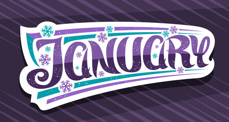 Wall Mural - Vector banner for January, cut paper badge with unique curly calligraphic font, decorative art stripes and snow flakes, greeting card with swirly hand written lettering january on abstract background.