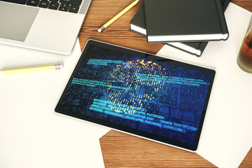 Aufkleber - Top view of modern digital tablet monitor with creative code skull hologram. Malware and cyber crime concept. 3D Rendering