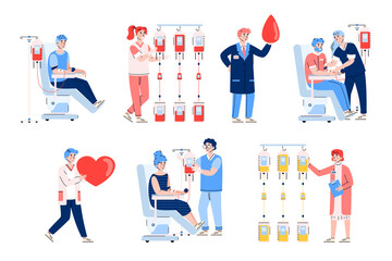 Blood donation. Set of characters of donors sitting in medical chairs and doctors or nurses holding packages of lifeblood for blood bank or hospital. Vector isolated illustrations.