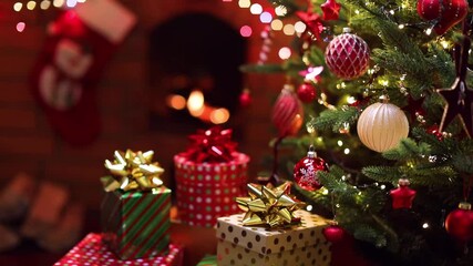Wall Mural - christmas tree with decorations and gifts near a fireplace with lights