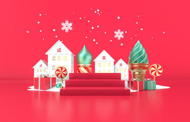 Aufkleber - Red Christmas podium background with Christmas tree. 3d render.