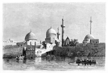 mosque in Mosul viewed from river flat water and stone walls fronting it. Ancient grey tone etching style art by Flandin, Le Tour du Monde, 1861