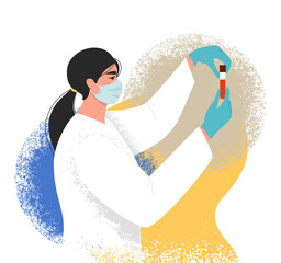Wall Mural - medical research, science concept. female doctor or nurse holding a glass test tube with a blood sam