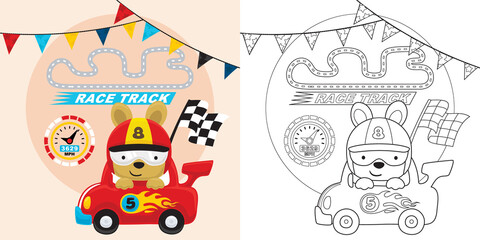 Wall Mural - race car cartoon with funny racer carrying finish flag, coloring book or page