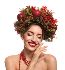 Poster - Beautiful young woman wearing Christmas wreath on white background