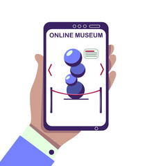 hand with smartphone using online museum, gallery application, website. distant excursion, education
