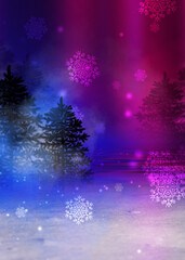 Poster - Dark abstract background. Winter night forest landscape. Silhouettes of fir trees, lit with neon glow, snowdrifts, snowflakes. 3d illustration