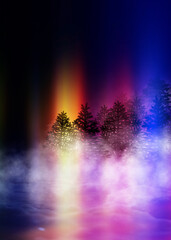 Poster - Dark abstract background. Winter night forest landscape. Silhouettes of fir trees, lit with neon glow, snowdrifts, snowflakes. 3d illustration