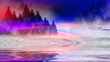 Poster - Dark abstract background. Winter night forest landscape. Silhouettes of fir trees, lit with neon glow, snowdrifts, snowflakes. 3d illustration