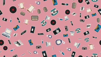 Poster - Texture, seamless pattern of old retro hipster electronics stickers, tv recorder mobile phone, player, audio cassette, video recorder, game console, camera, computer. The background.