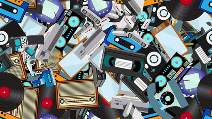 Poster - Texture, seamless pattern of old retro hipster electronics, mobile phones, tv recorder, player, audio tape, video recorder, game console, camera, computer. The background. illustration