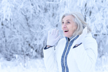 Poster - Beautiful senior woman posing in snowy winter park