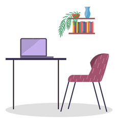 Poster - Workplace with modern wireless laptop and comfortable chair, office table with computer, bookshelf with books, houseplant and vase, working in internet, empty workspace isolated at white, simple icons