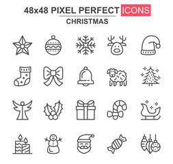 Poster - Christmas thin line icon set. Christmas tree, santa hat, deer, snowman, candy stick, holly berry, candle unique icons. Outline vector bundle for UI UX design. 48x48 pixel perfect linear pictogram pack