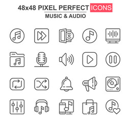 Aufkleber - Music and audio thin line icon set. Player, mixer, equalizer, headphone, loudspeaker, record, microphone unique icons. Outline vector bundle for UI UX design. 48x48 pixel perfect linear pictogram pack