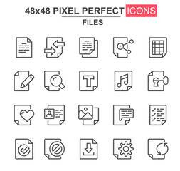 Poster - Files thin line icon set. Document lock, edit, delete, processing, search, preferences, media content unique icons. Outline vector bundle for UI UX design. 48x48 pixel perfect linear pictogram pack.