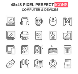 Fototapete - Computer and devices thin line icon set. Laptop, gamepad, printer, smart watch, mp3 player, USB drive unique icons. Outline vector bundle for UI UX design. 48x48 pixel perfect linear pictogram pack