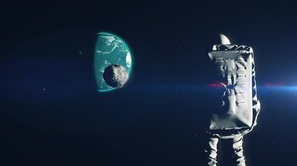 Wall Mural - Lonely spaceman watches asteroid approaching Earth, catastrophe, extinction. Space and universe exploration