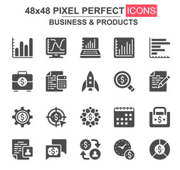 Poster - business and products glyph icon set. rocket, investment portfolio, finance, capital, schedule, stoc
