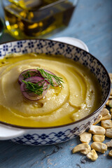 Taditional fava with olive oil. Mashed broad beans fava appetizer.