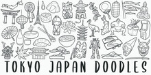 Tokyo Japan, Doodle Icon Set. Japanese Style Vector Illustration Collection. Banner Hand Drawn Line Art Style.
