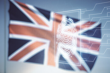 Leinwandbilder - Abstract virtual fingerprint hologram on flag of Great Britain and sunset sky background. Multiexposure