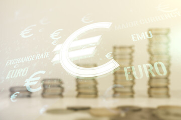 Poster - Virtual EURO symbols illustration on coins background, forex and currency concept. Multiexposure
