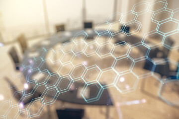 Poster - Abstract virtual wireless technology hologram with hexagon on a modern coworking room background, artificial intelligence and machine learning concept. Multi exposure