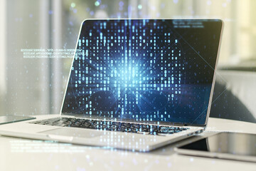 Poster - Creative concept of code skull illustration on modern laptop background. Hacking and phishing concept. Multiexposure