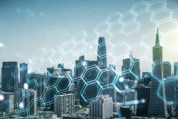 Poster - Double exposure of abstract virtual technology hologram with hexagon on San Francisco city skyscrapers background. Research and development software concept