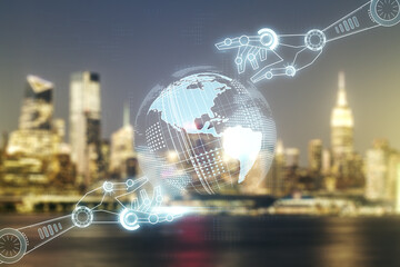 Aufkleber - Abstract virtual robotics technology sketch with globe on blurry office buildings background, future technology and AI concept. Double exposure