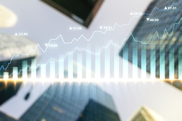 Double exposure of abstract financial chart on office buildings background, research and analytics concept