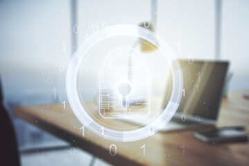 Poster - Creative lock sketch with chip hologram on modern laptop background, protection of personal data concept. Multiexposure