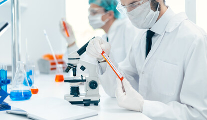 Wall Mural - close up. scientist holds a tube with a sample of the new test.